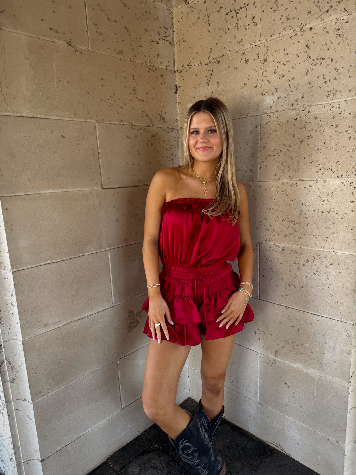 Stevie Strapless Ruffled Romper