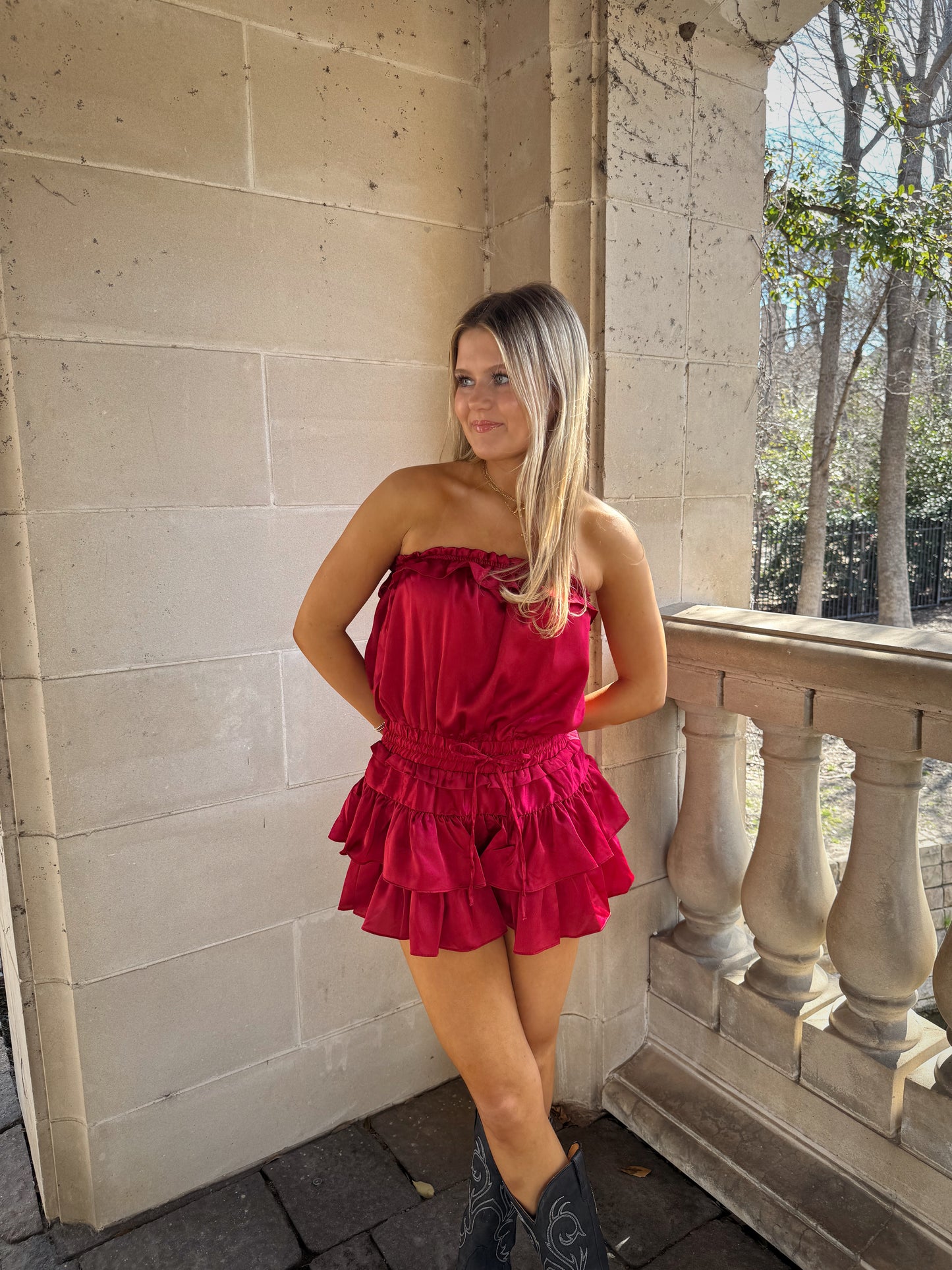 Stevie Strapless Ruffled Romper