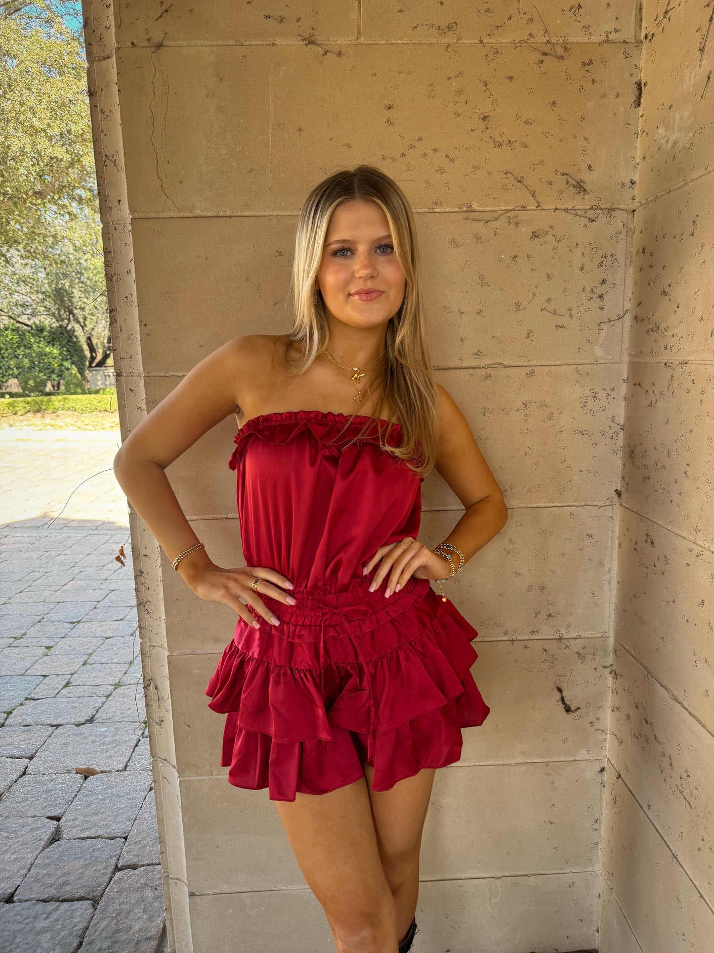 Stevie Strapless Ruffled Romper