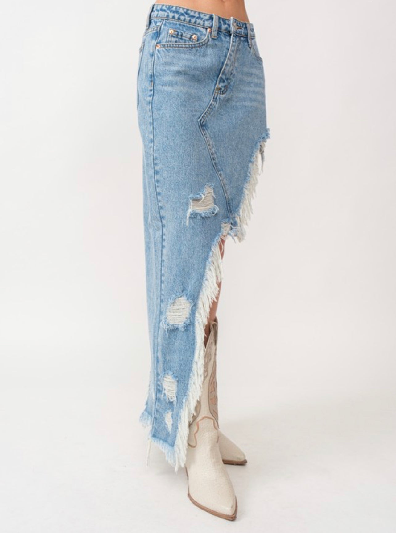 Carmen Asymmetrical Denim Midi Skirt