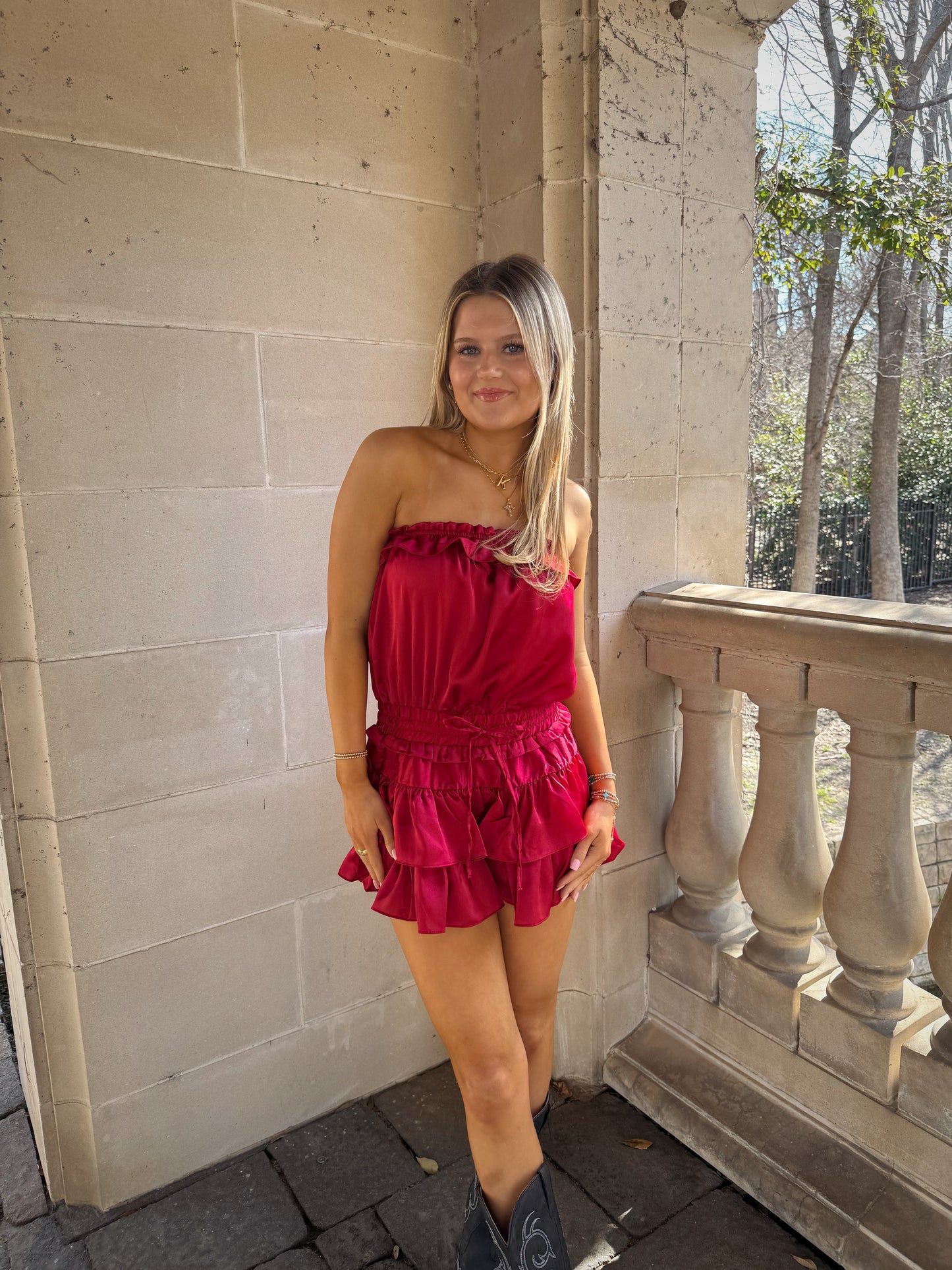 Stevie Strapless Ruffled Romper