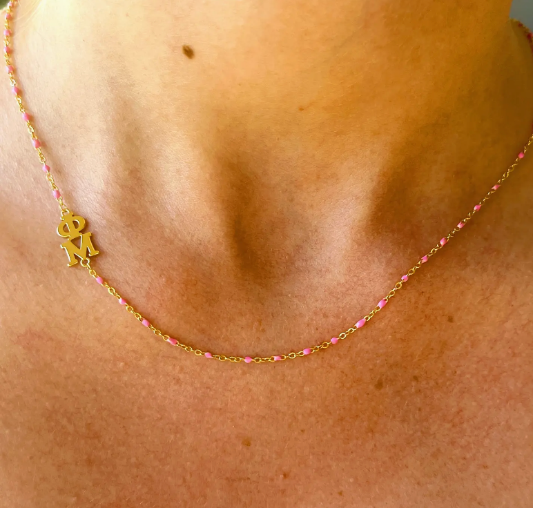 Phi Mu Necklace- Side Set ΦΜ Enamel Bead Necklace
