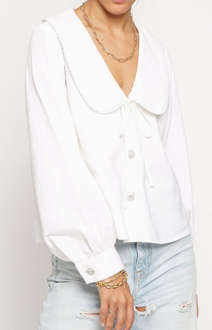 Rhinestone Collared Blouse- White