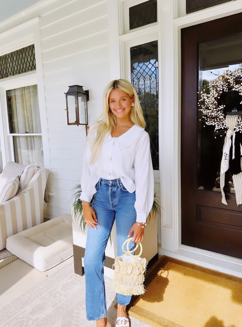 Rhinestone Collared Blouse- White
