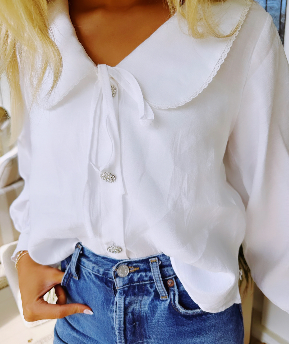 Rhinestone Collared Blouse- White