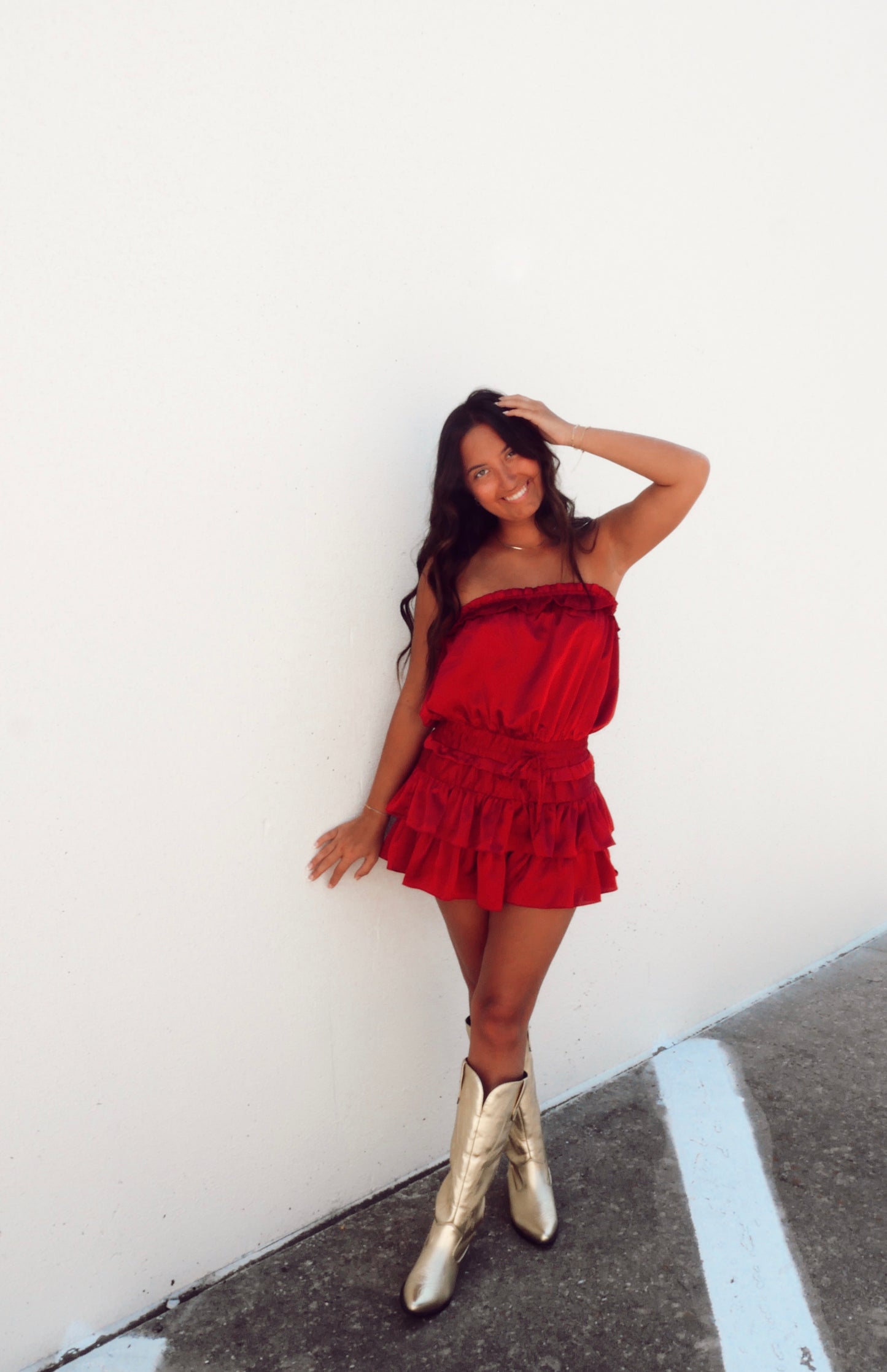 Stevie Strapless Ruffled Romper