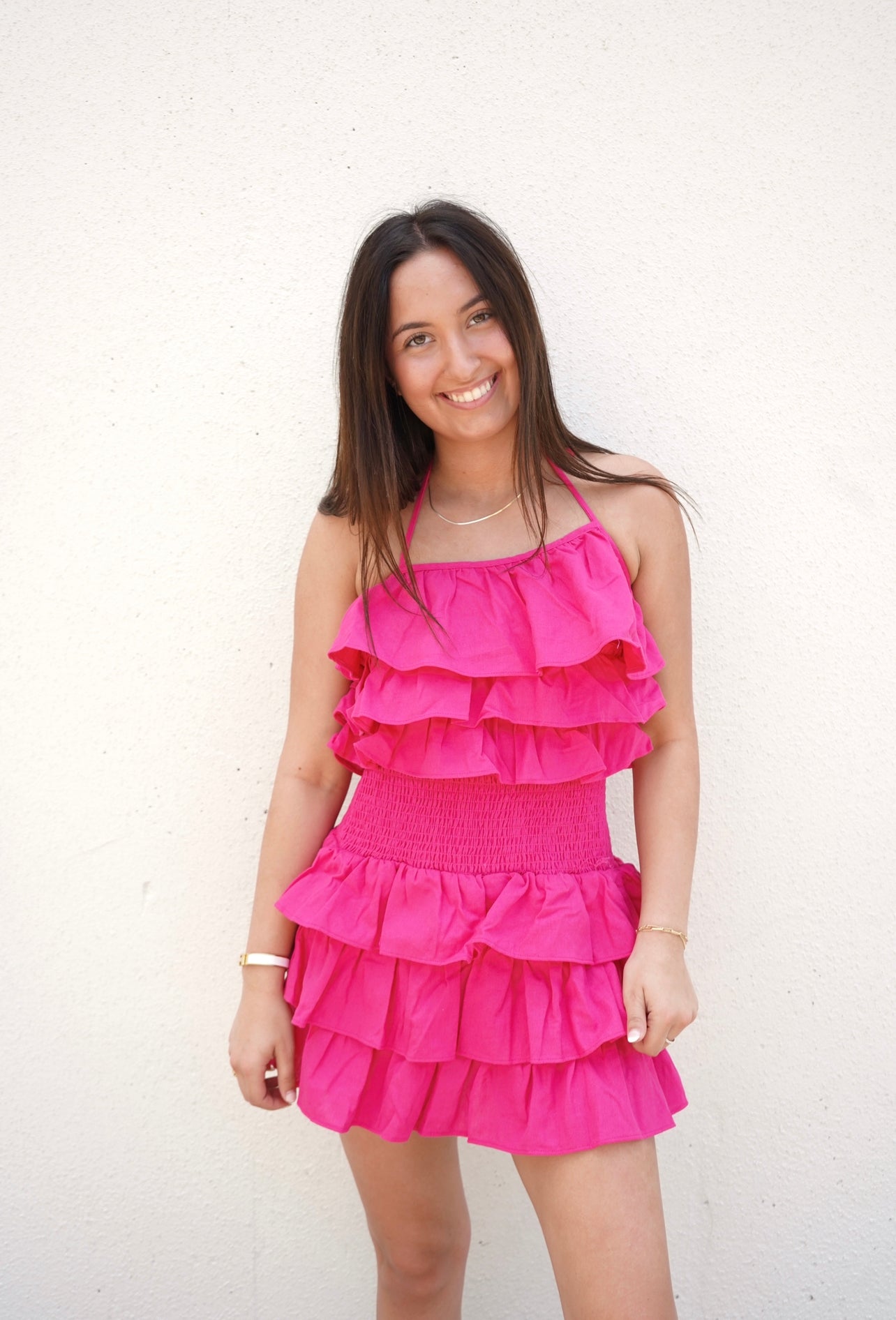 Smocked Waist Ruffle Romper- Pink