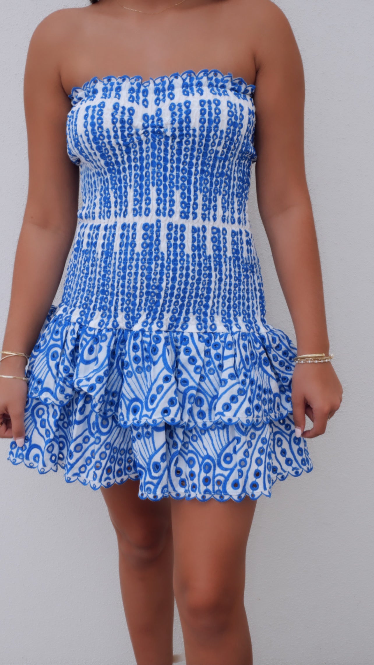 Blue Eyelet Strapless Mini Dress